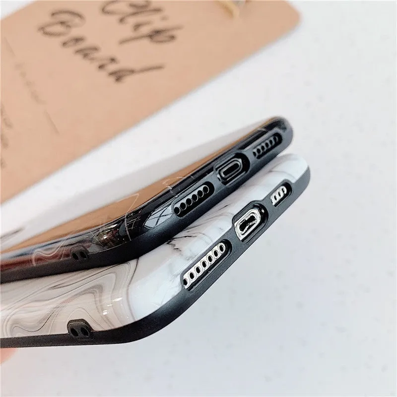 Marble mobile phone case for iPhone in black and white soft shell design, showing fade-resistant pattern