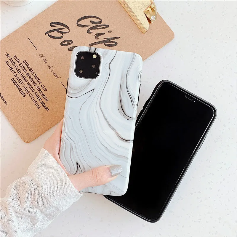Marble mobile phone case for iPhone in black and white soft shell design, showing fade-resistant pattern