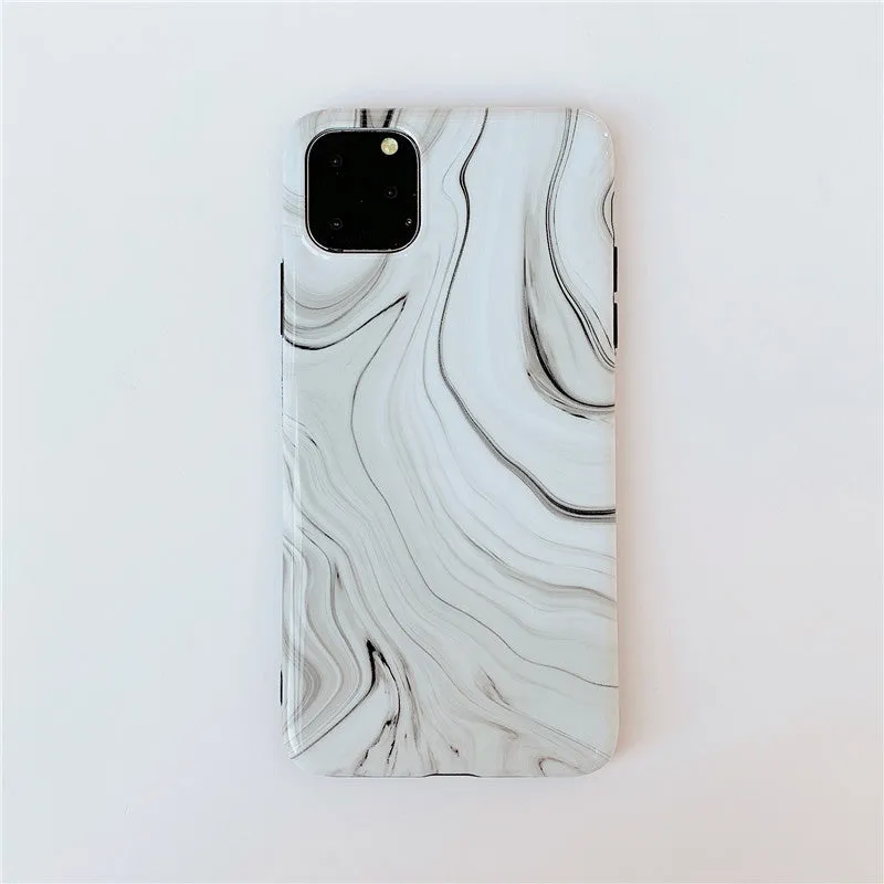 Marble mobile phone case for iPhone in black and white soft shell design, showing fade-resistant pattern