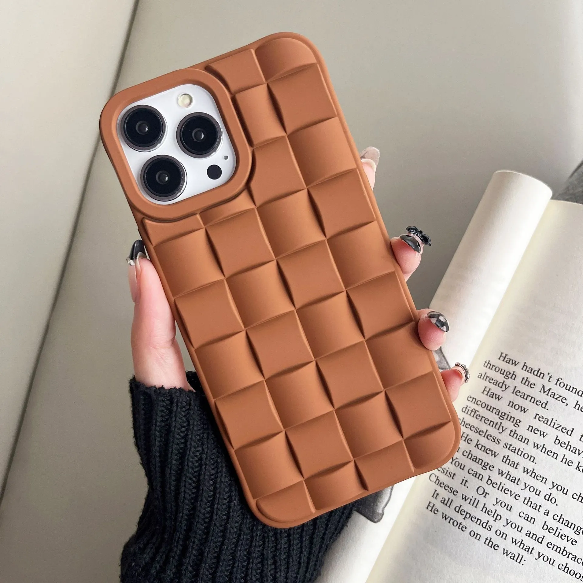 Women's woven check TPU phone case in caramel finish, compatible with iPhone 14 Pro Max