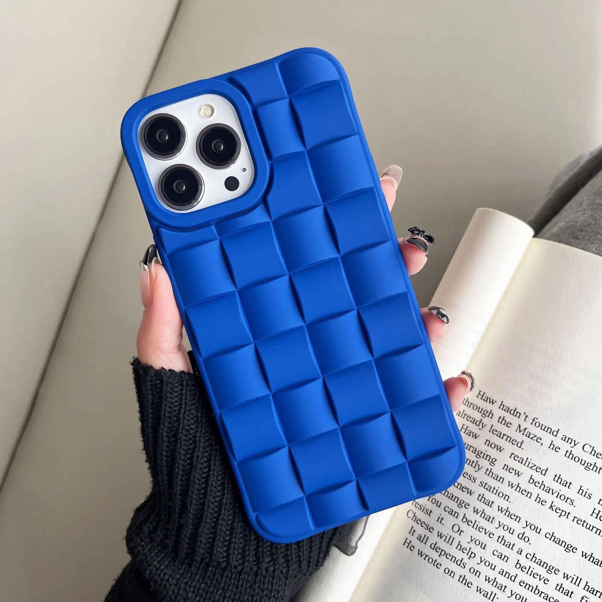 Women's woven check TPU phone case in caramel finish, compatible with iPhone 14 Pro Max
