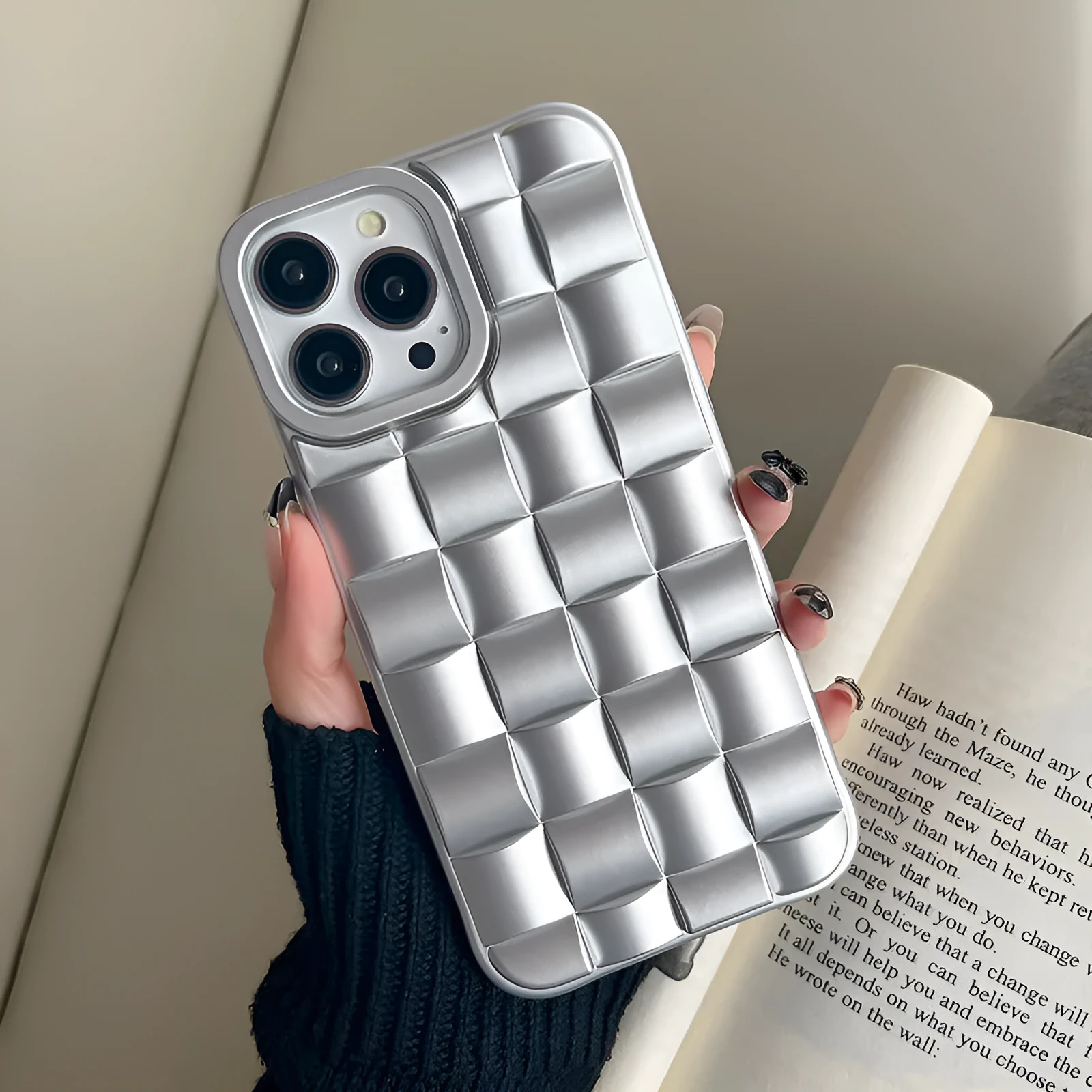 Women's woven check TPU phone case in caramel finish, compatible with iPhone 14 Pro Max