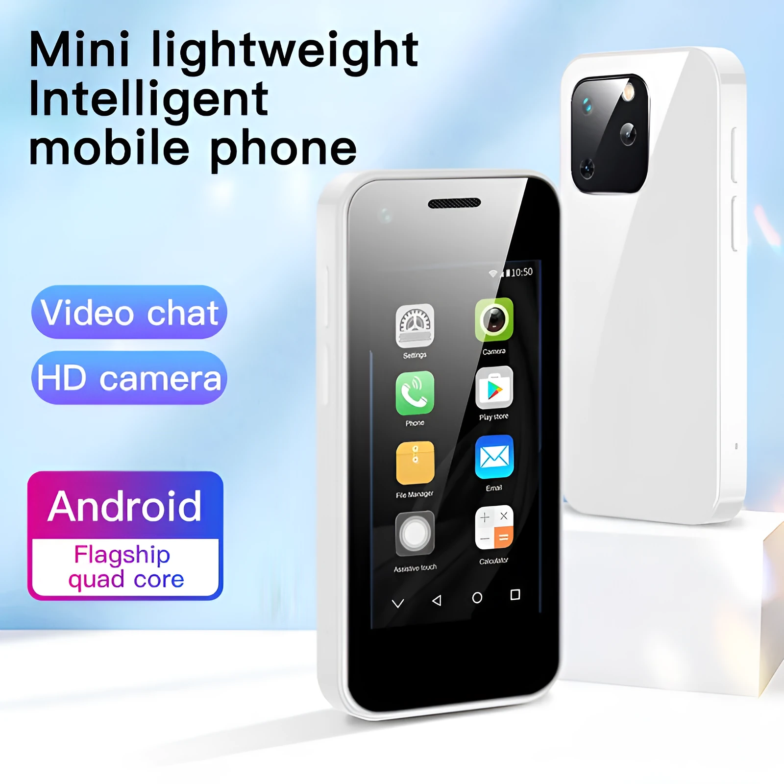 Ultra-compact Android smartphone with 2.5-inch screen in Phantom Night Black colour showing dimensions
