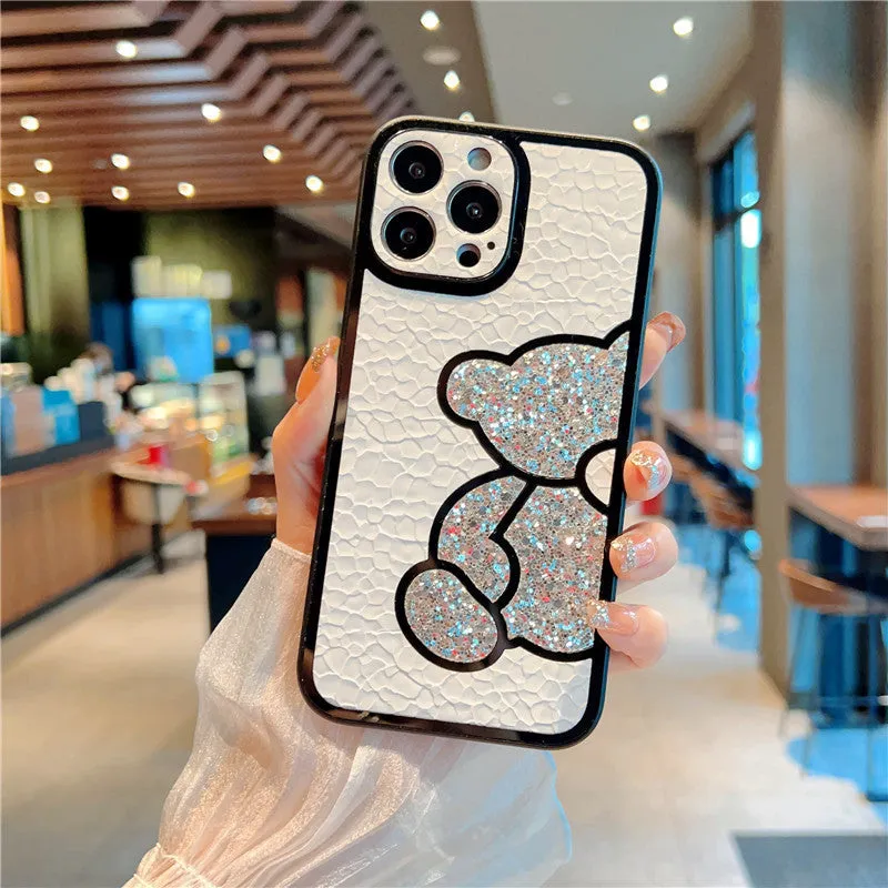 Cute bear silicone skin cover case for iPhone in glitter silver with cartoon design