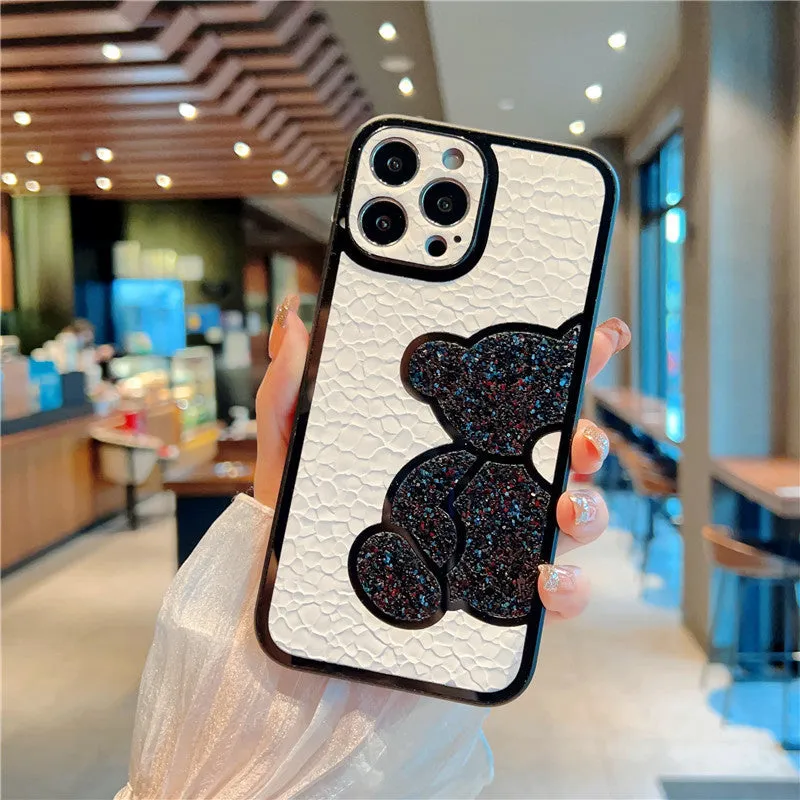 Cute bear silicone skin cover case for iPhone in glitter silver with cartoon design