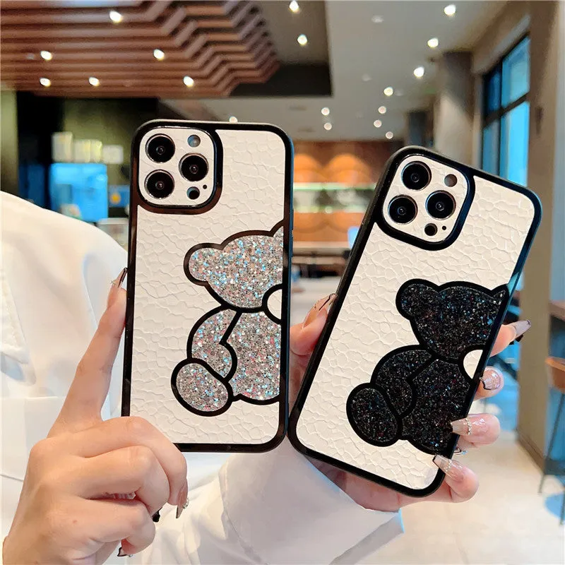 Cute bear silicone skin cover case for iPhone in glitter silver with cartoon design