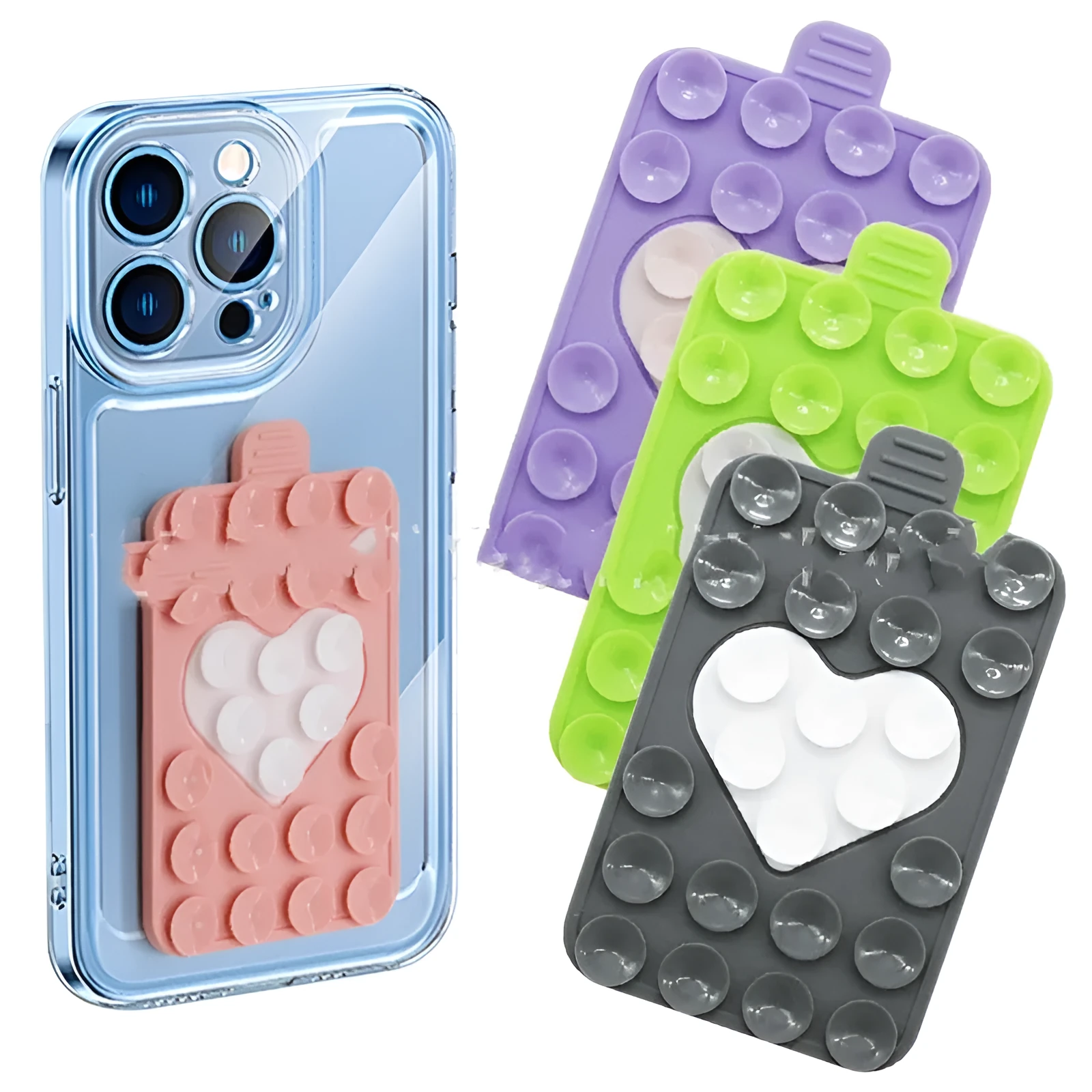 Double sided silicone suction cup phone case holder in gray white, showing hot pressed construction for universal fit on smooth surfaces
