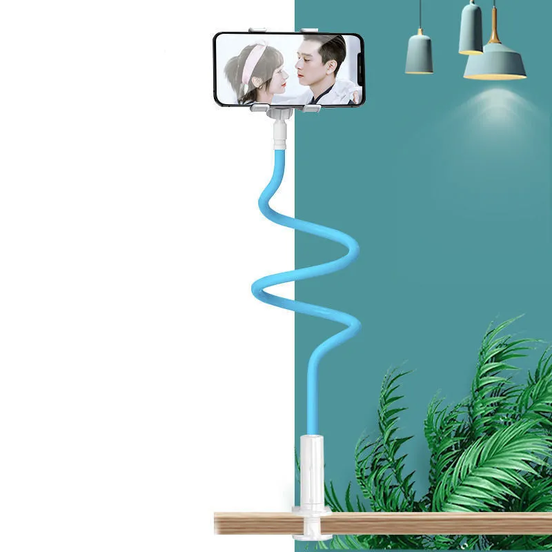 Blue memory alloy gooseneck mobile phone holder positioned on a bedside table.