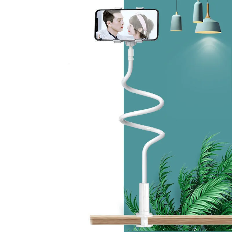 Blue memory alloy gooseneck mobile phone holder positioned on a bedside table.