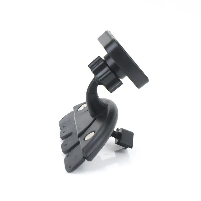 Black universal car phone holder installed in a CD port with adjustable arms for mobile phone or GPS navigation