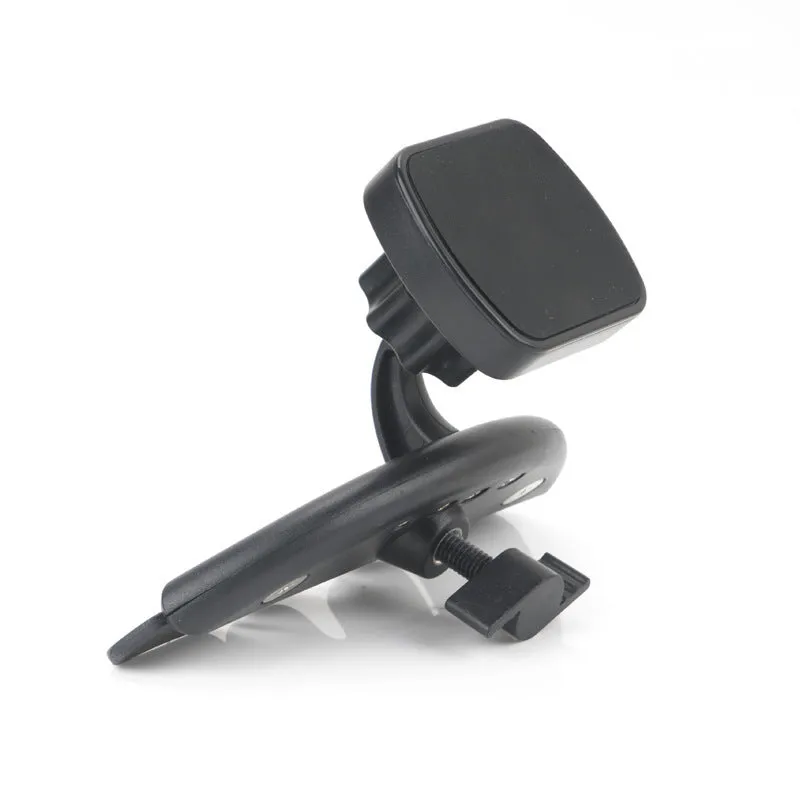 Black universal car phone holder installed in a CD port with adjustable arms for mobile phone or GPS navigation