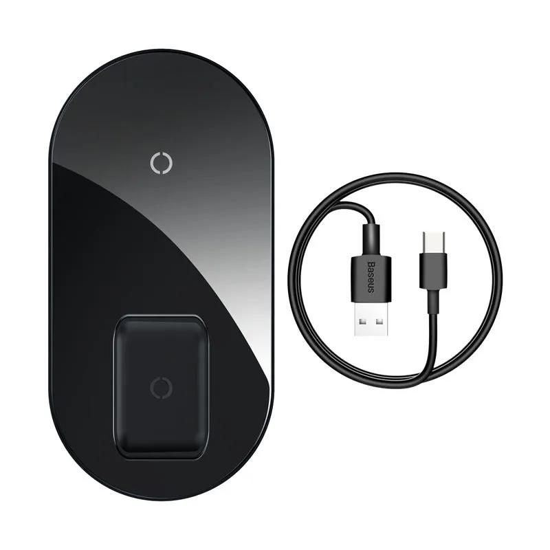 Two-in-one wireless charger, black aluminium and tempered glass, with charging light indicator, on a desk