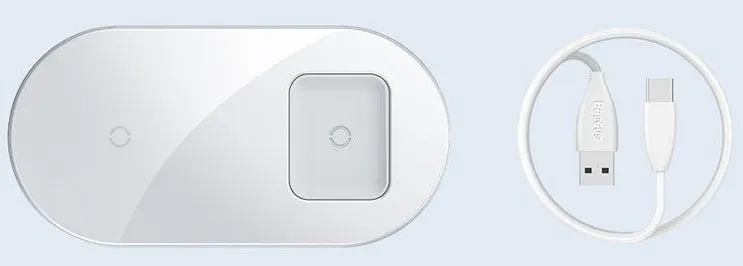 Two-in-one wireless charger, black aluminium and tempered glass, with charging light indicator, on a desk