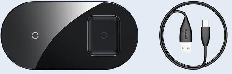 Two-in-one wireless charger, black aluminium and tempered glass, with charging light indicator, on a desk