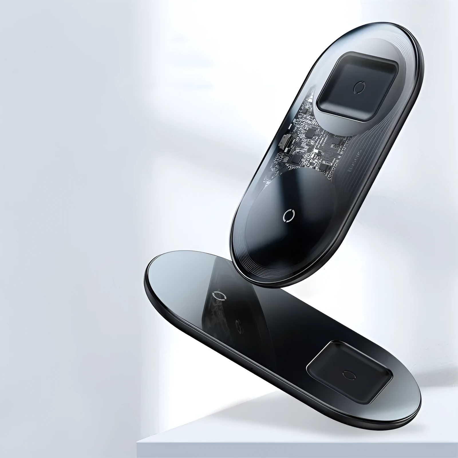 Two-in-one wireless charger, black aluminium and tempered glass, with charging light indicator, on a desk