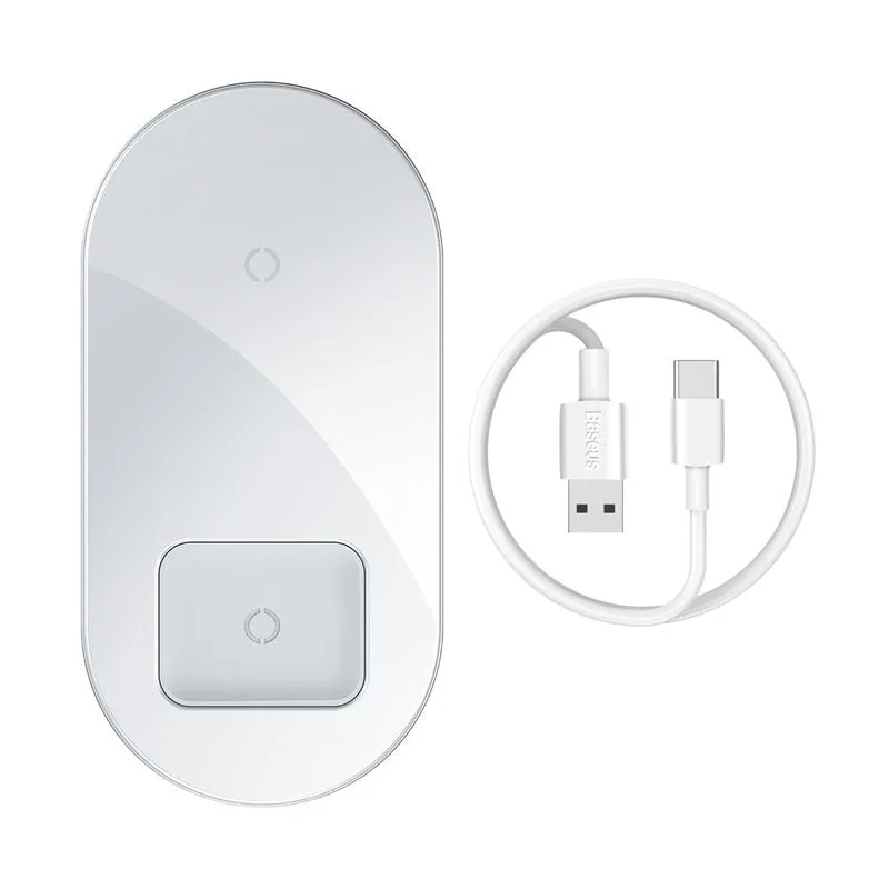 Two-in-one wireless charger, black aluminium and tempered glass, with charging light indicator, on a desk