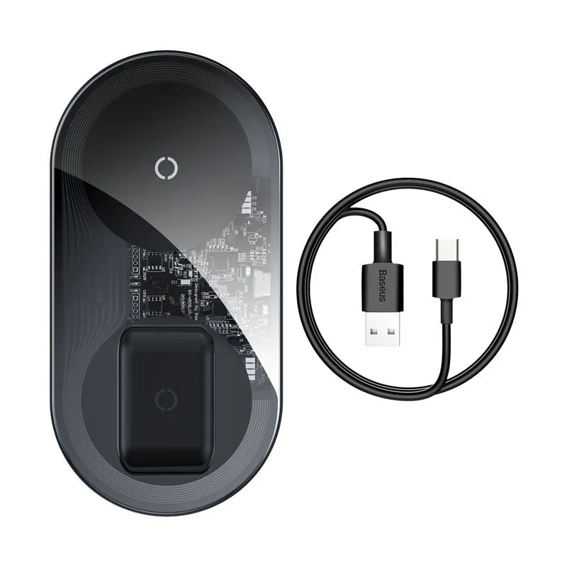 Two-in-one wireless charger, black aluminium and tempered glass, with charging light indicator, on a desk