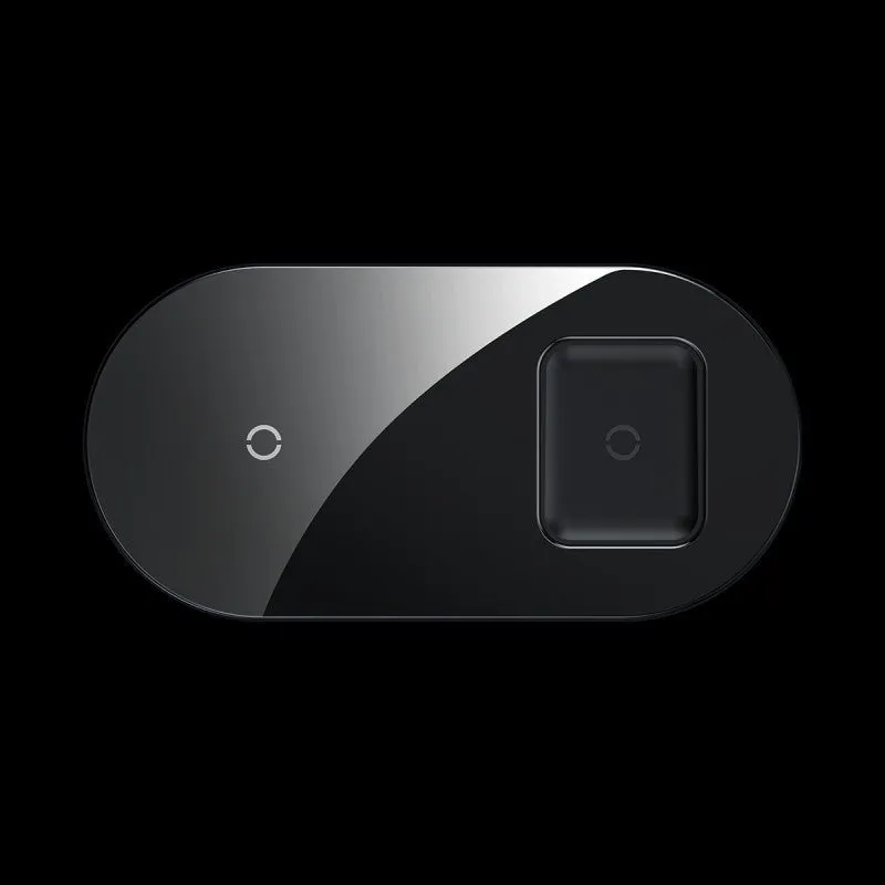 Two-in-one wireless charger, black aluminium and tempered glass, with charging light indicator, on a desk