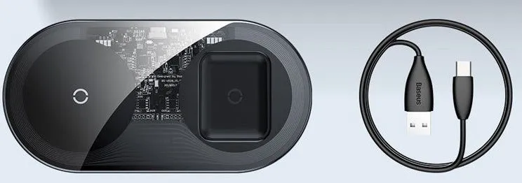 Two-in-one wireless charger, black aluminium and tempered glass, with charging light indicator, on a desk
