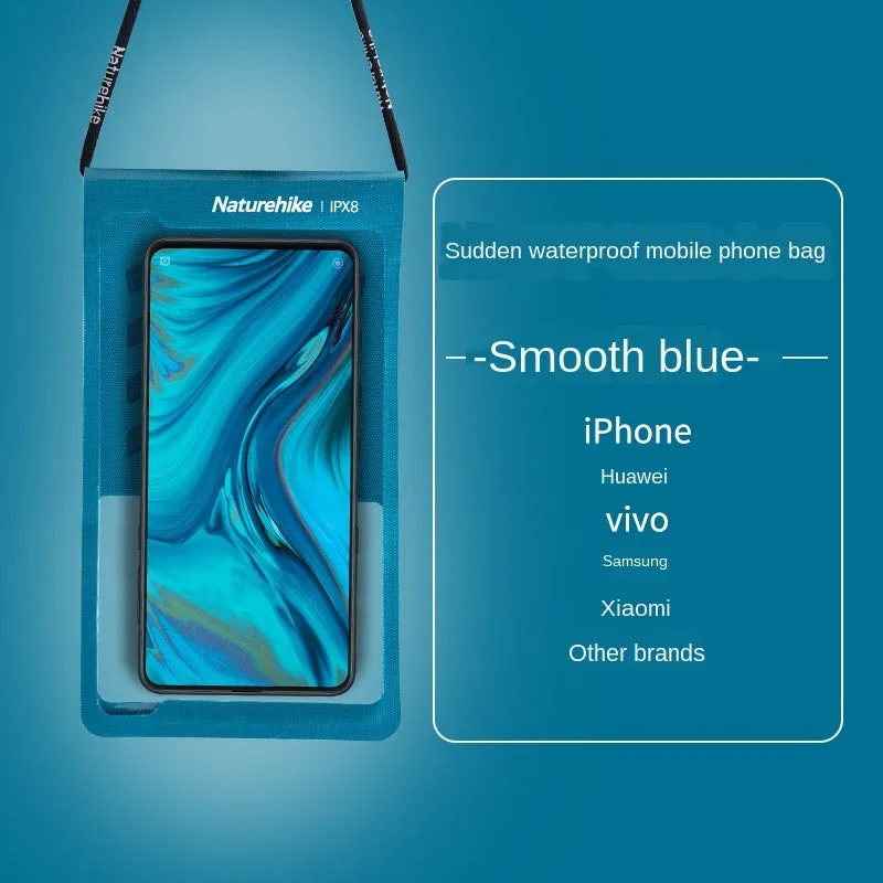 Pack of four IPX8 waterproof phone bags in blue, black, gray, and orange made from 420D nylon with TPU membrane