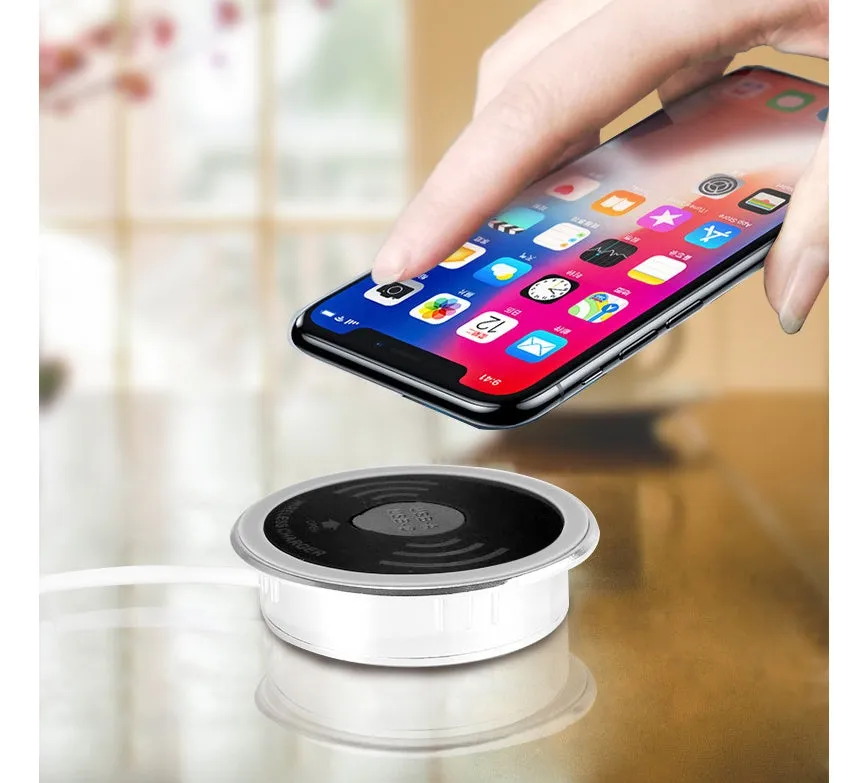 Black desktop embedded Qi wireless charger showing flush installation on a desk surface requiring 60mm hole