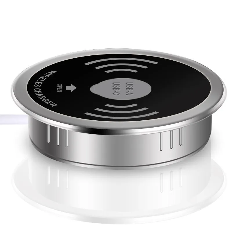 Black desktop embedded Qi wireless charger showing flush installation on a desk surface requiring 60mm hole
