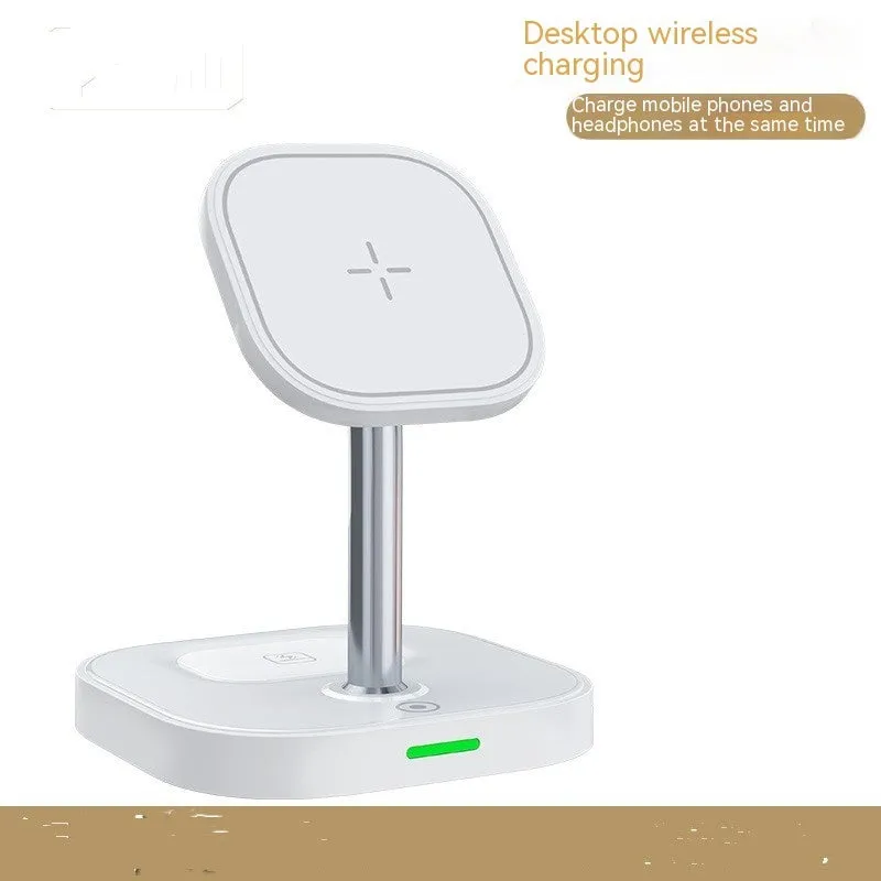 White magnetic wireless charger two-in-one stand with data cable on desk