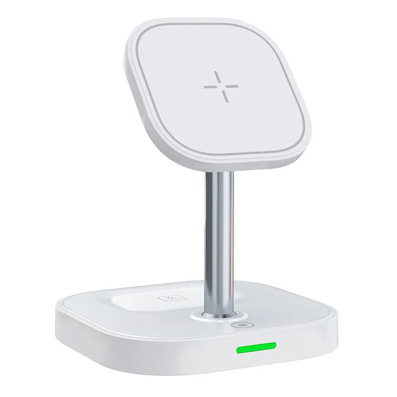 White magnetic wireless charger two-in-one stand with data cable on desk