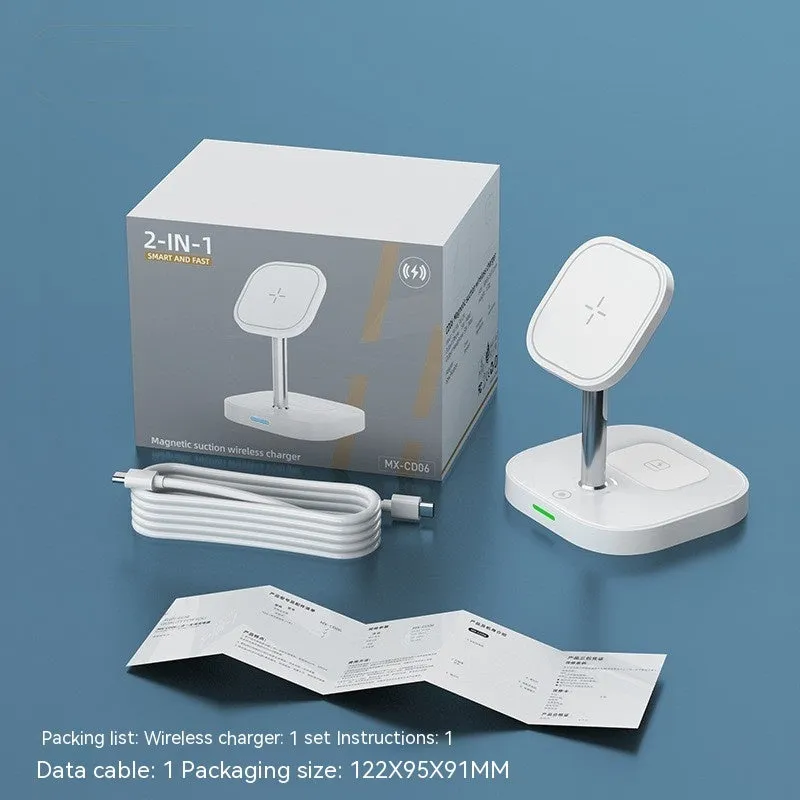 White magnetic wireless charger two-in-one stand with data cable on desk