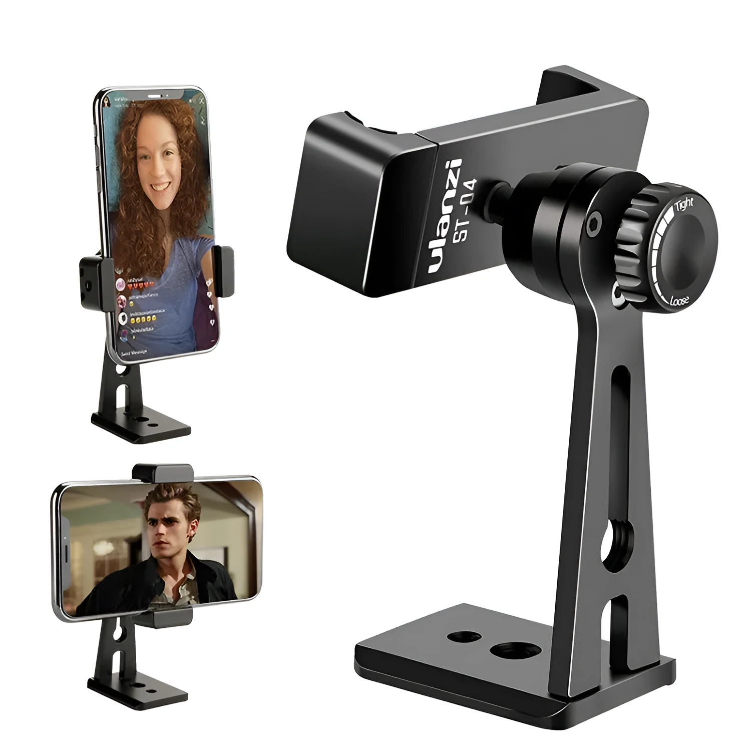 360 degree rotating aluminium alloy phone holder with adjustable clip 60-95mm in black on a desk