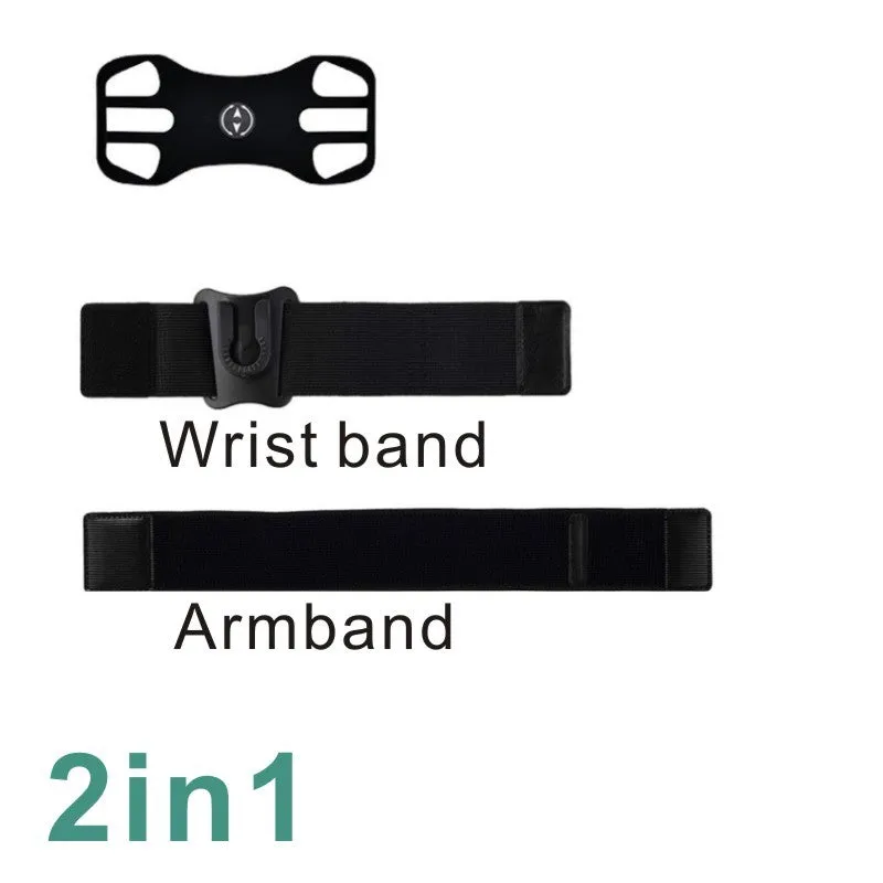 Black sports phone case with detachable arm and wrist strap on a grey background