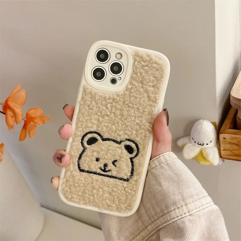 Plush embroidered bear shockproof phone case in light khaki for iPhone