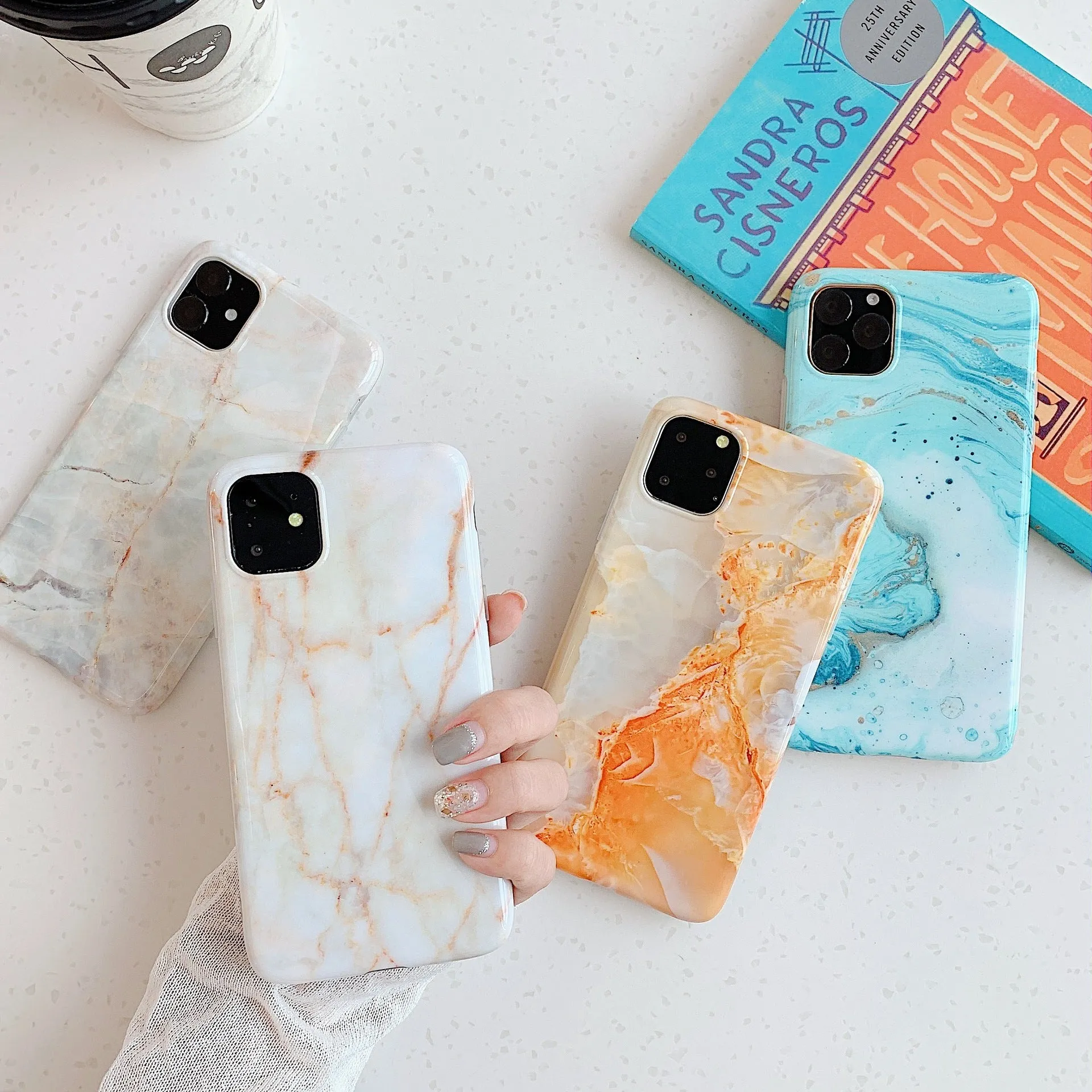 Frosty marble silicone phone case back cover with geometric pattern for iPhone models, available in multiple colours