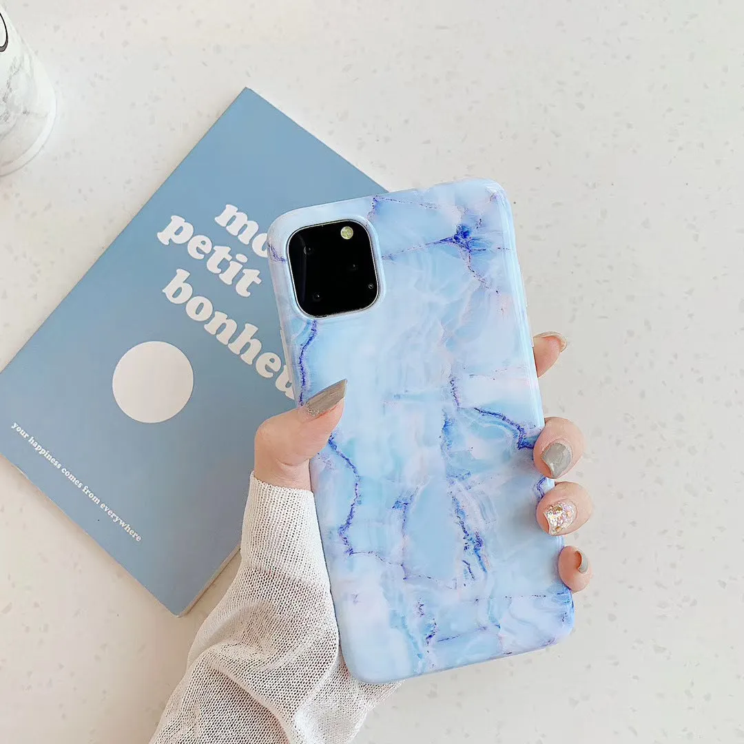 Frosty marble silicone phone case back cover with geometric pattern for iPhone models, available in multiple colours