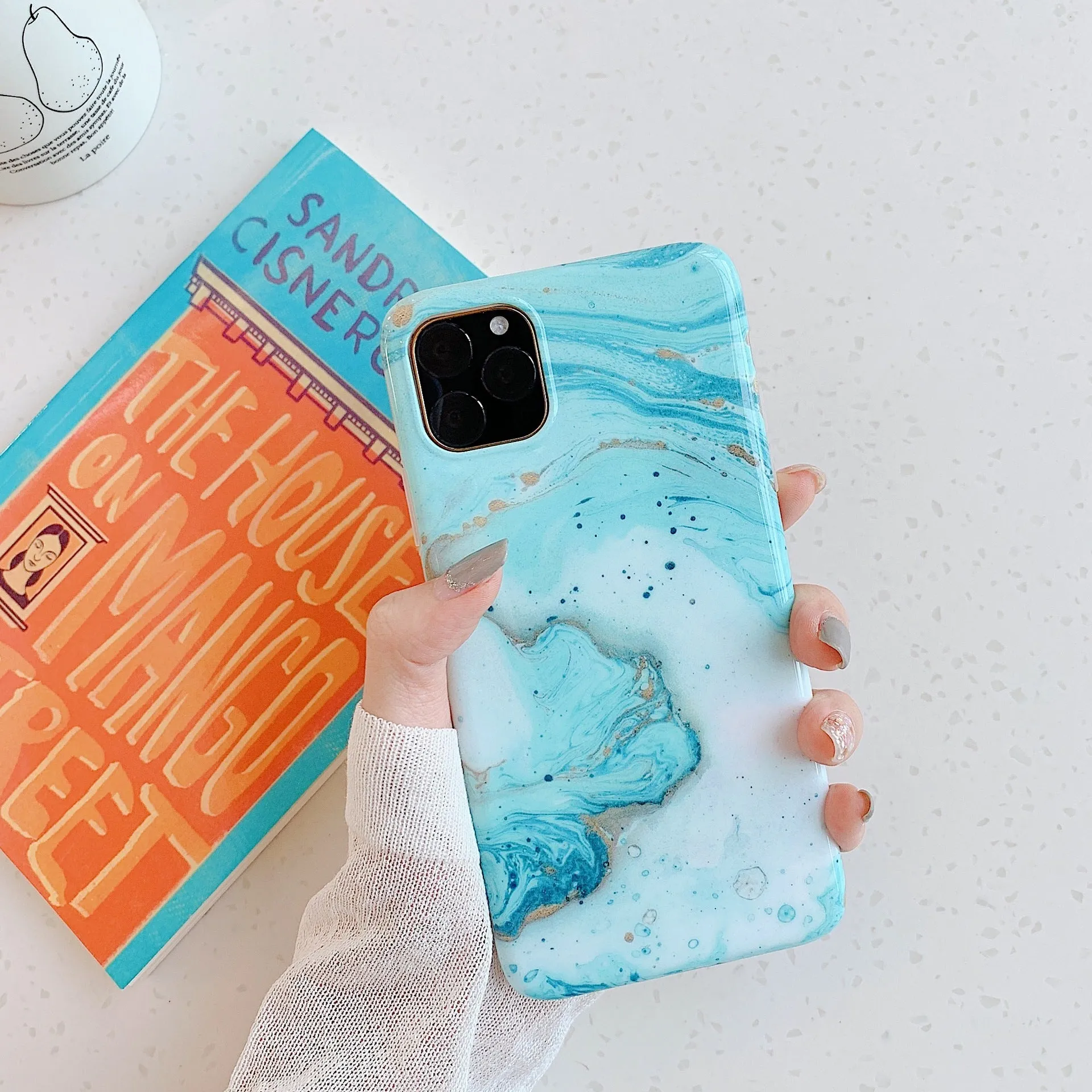 Frosty marble silicone phone case back cover with geometric pattern for iPhone models, available in multiple colours