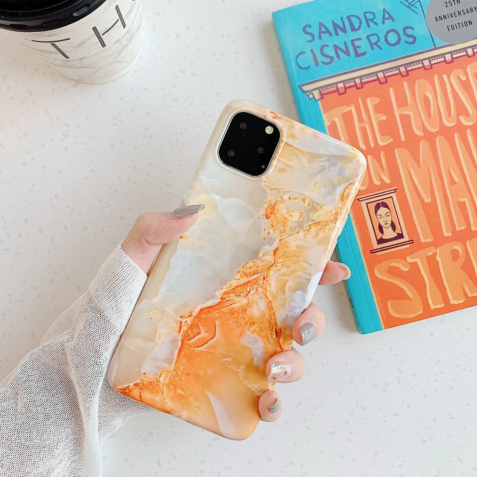 Frosty marble silicone phone case back cover with geometric pattern for iPhone models, available in multiple colours