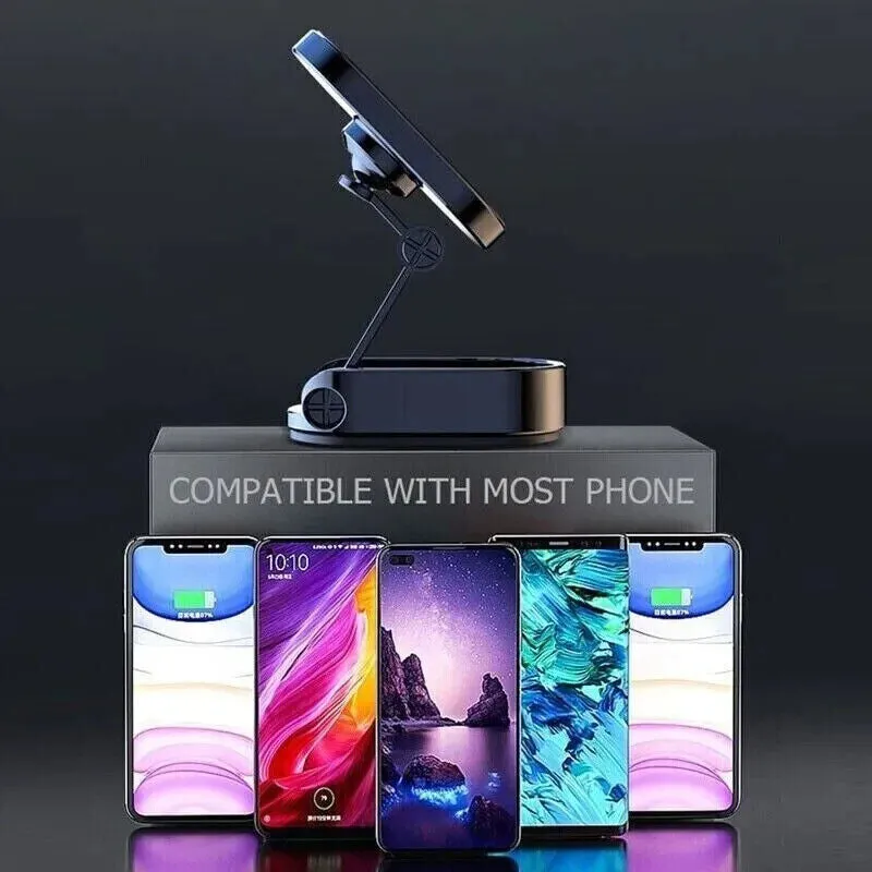 Chrome magnetic car phone holder with foldable bracket in extended and collapsed positions