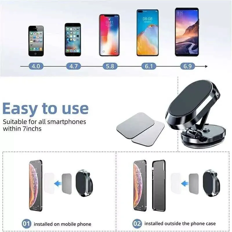 Chrome magnetic car phone holder with foldable bracket in extended and collapsed positions
