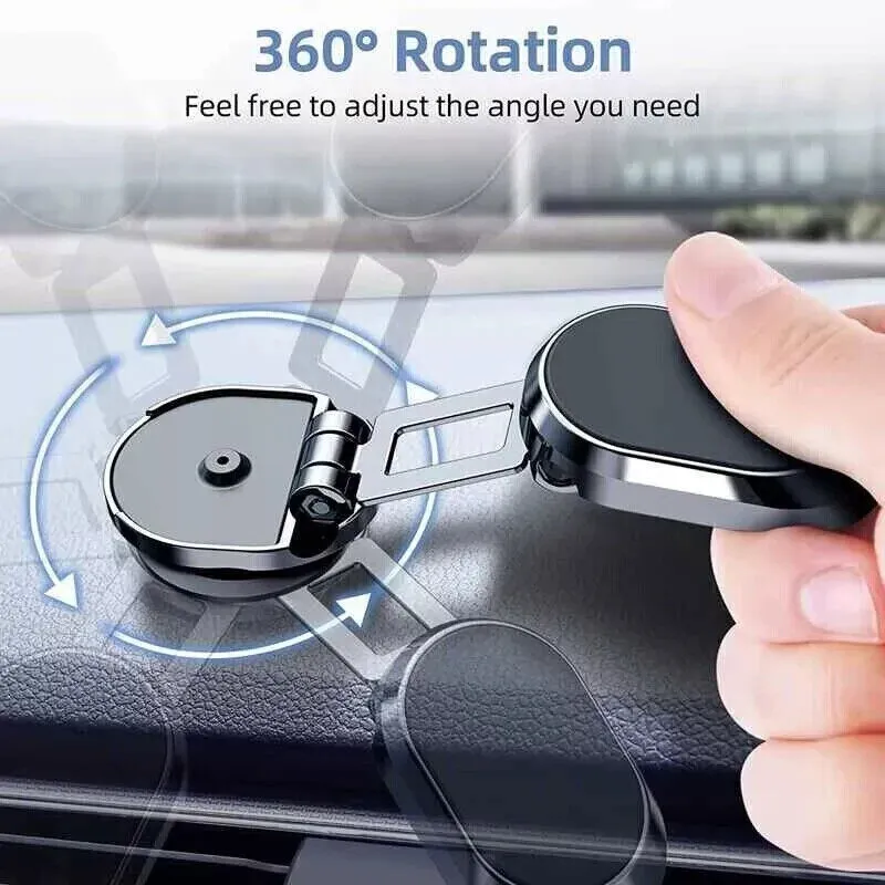 Chrome magnetic car phone holder with foldable bracket in extended and collapsed positions