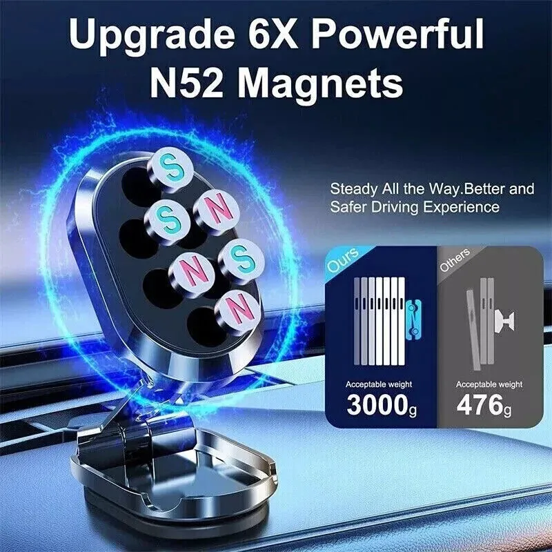 Chrome magnetic car phone holder with foldable bracket in extended and collapsed positions