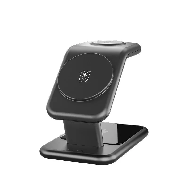 3-in-1 magnetic wireless charging bracket in ivory white showing phone, earphone, and watch charging positions