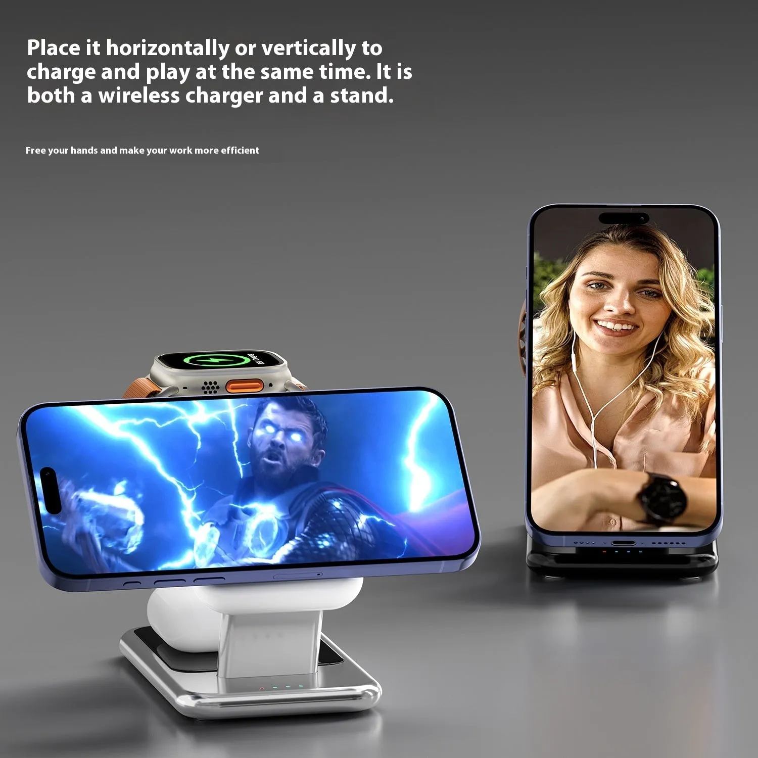 3-in-1 magnetic wireless charging bracket in ivory white showing phone, earphone, and watch charging positions