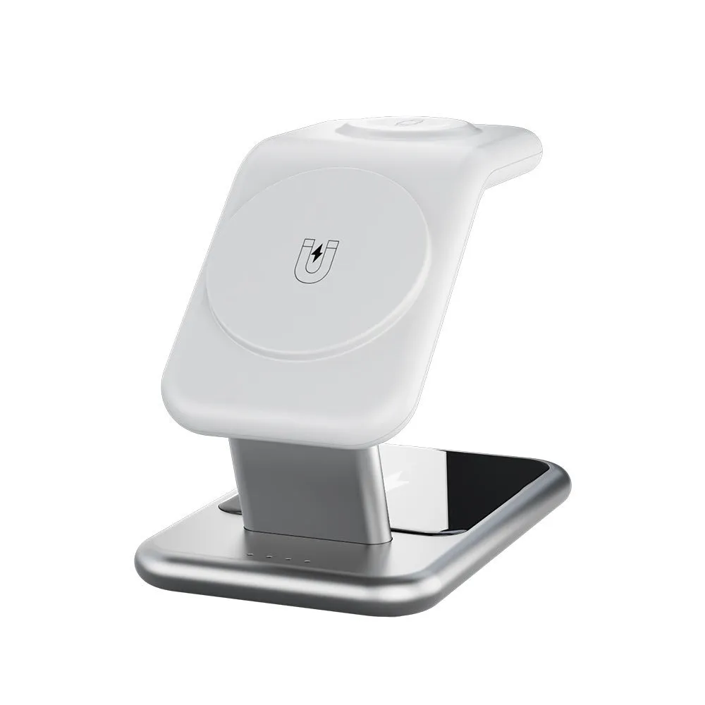 3-in-1 magnetic wireless charging bracket in ivory white showing phone, earphone, and watch charging positions