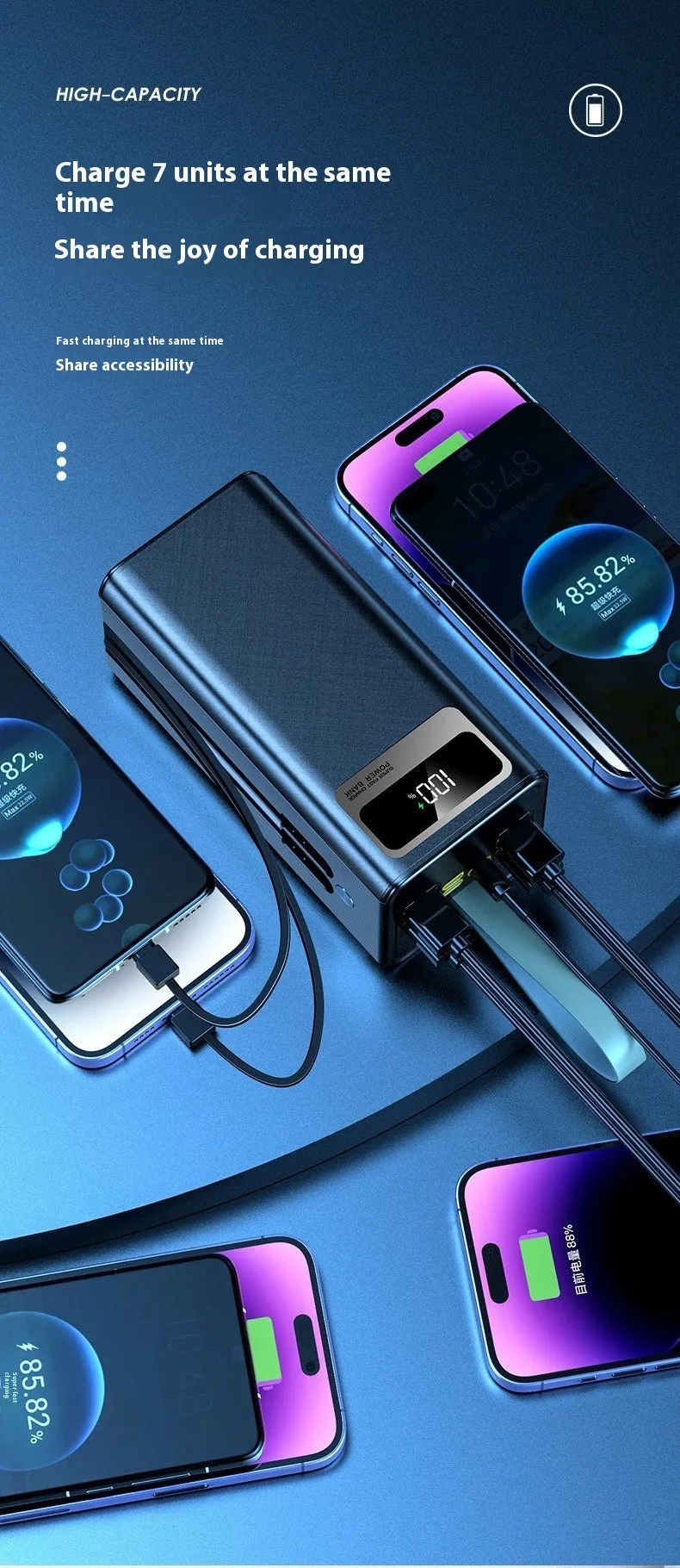 Super fast charge large capacity power bank in Samurai Black with plastic shell and cable