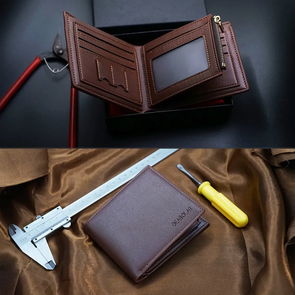 Men's leather wallet with a zipper closure, shown in one of seven available colours.