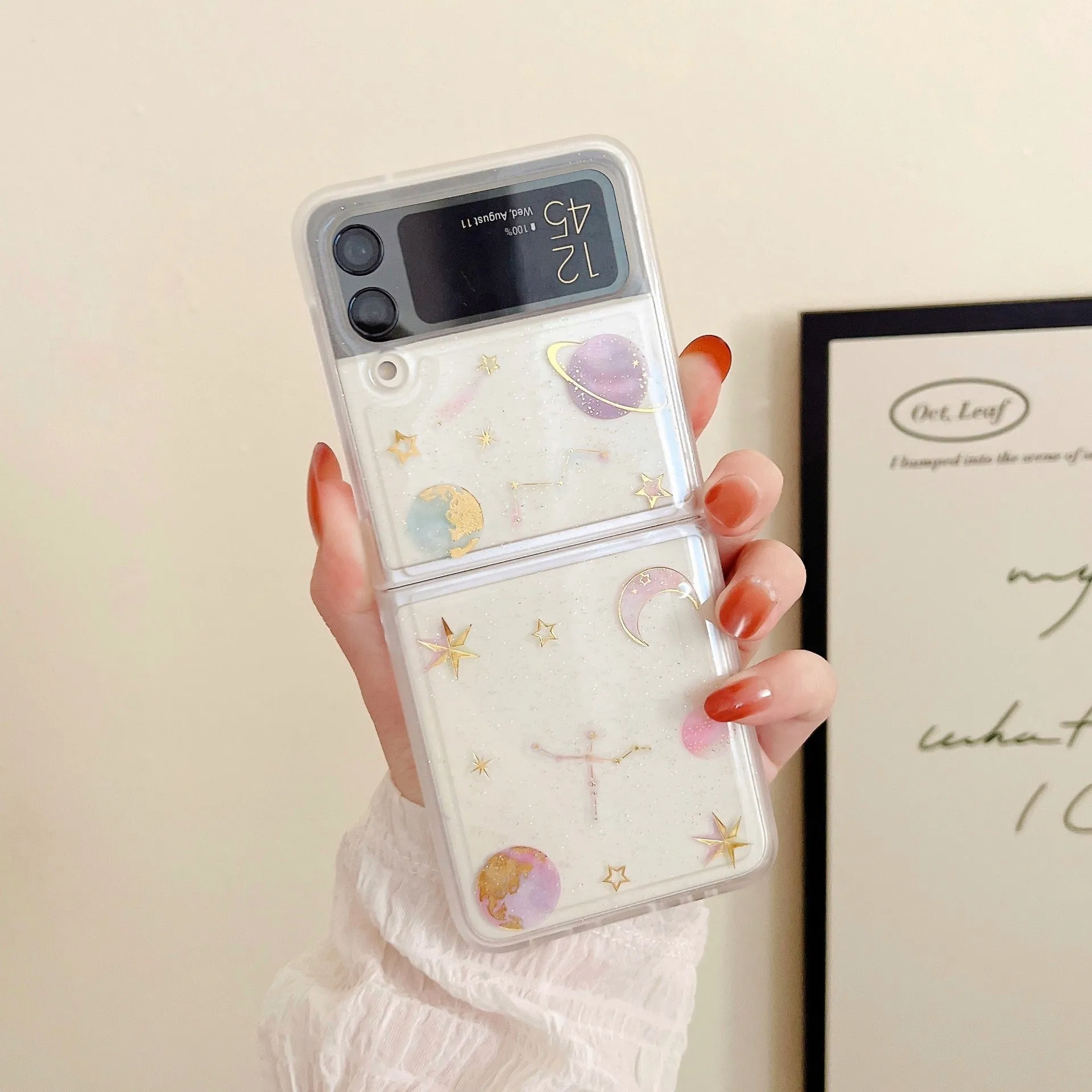 Samsung ZFlip3 ZFlip4 Phone Case Dropped Star Moon Design Folding Screen Protector Shockproof Anti-Drop Drip Glue Japanese Korean Trendy Style Rear Cover for Galaxy Z Flip 3 4 Drip Gum Bear