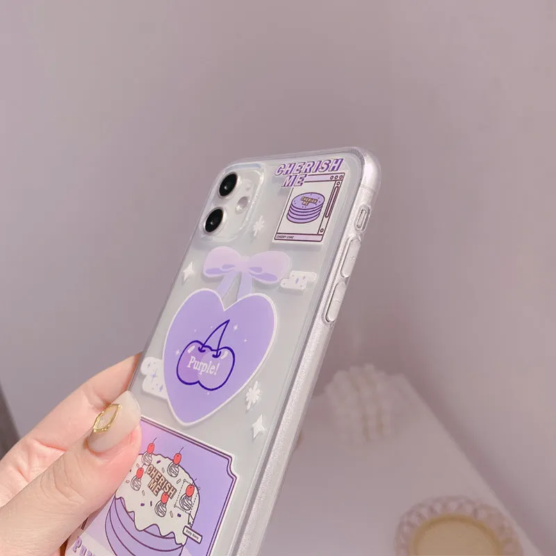 Transparent purple TPU iPhone back cover with love cherry design for 11 Pro Max