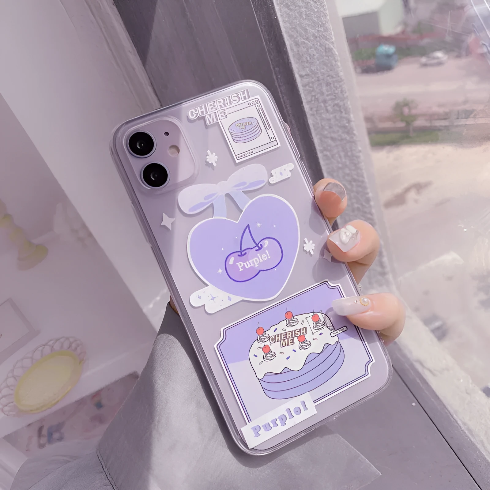 Transparent purple TPU iPhone back cover with love cherry design for 11 Pro Max