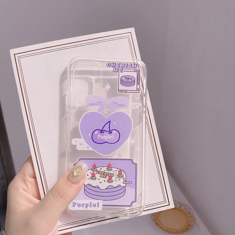 Transparent purple TPU iPhone back cover with love cherry design for 11 Pro Max