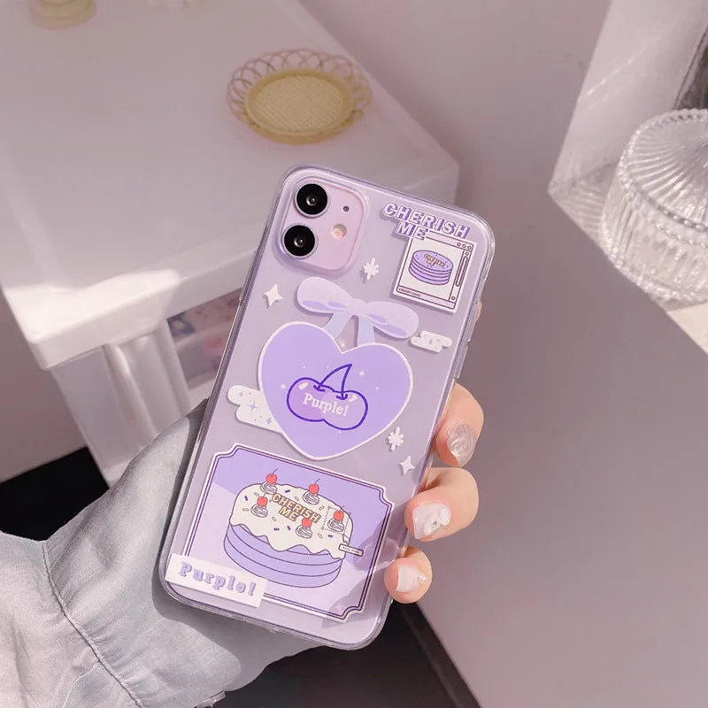 Transparent purple TPU iPhone back cover with love cherry design for 11 Pro Max
